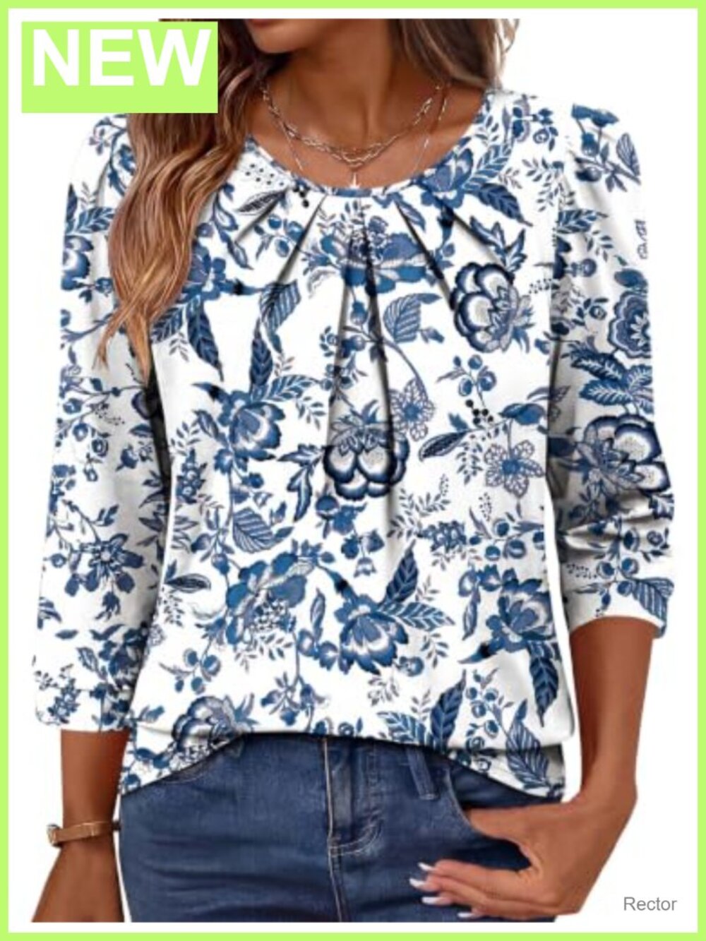 Womens 3/4 Sleeve Pleated Front Blouse Flowy Tunic Business Casual